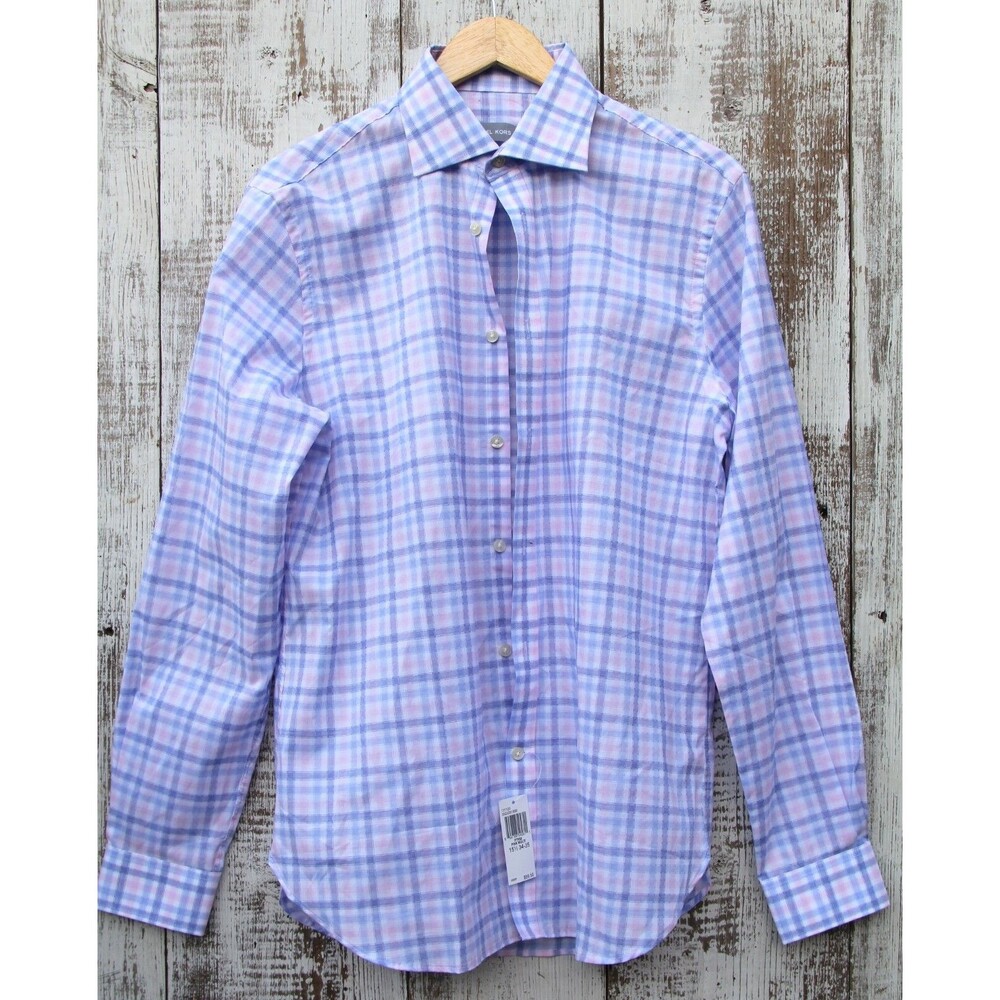 MICHAEL KORS MK Men's M 15.5 x 34/35 Pink Blue Plaid Dress Shirt Long Sleeve